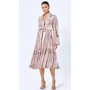 $1000 ALEXIS Giza Tiered Printed Floor Length Dress Sz XS Multy Purple Boho